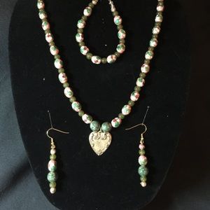 Edwardian Pink Cloisonné and Heart Jewelry Set